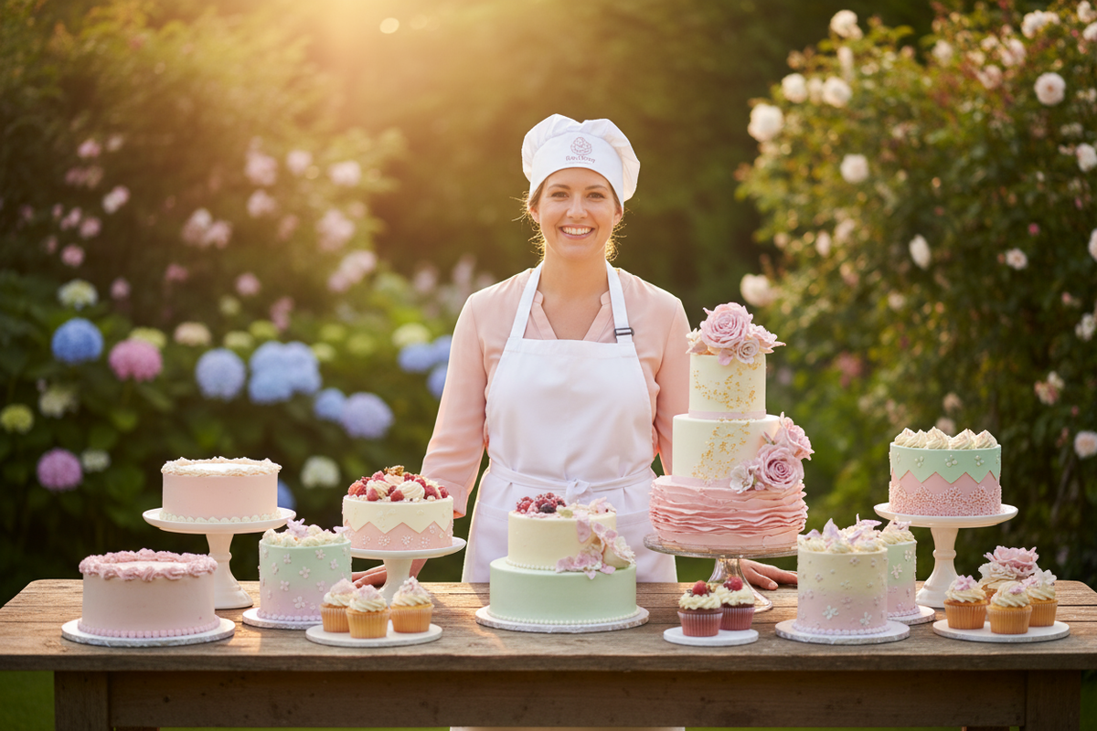 Create a bright and friendly hero image for a bakery website.
The scene should include:

A smiling woman standing behind a table with beautifully decorated cakes and cupcakes

Cakes should look elegant and handcrafted with pink and pastel tones

A soft-focus garden background with greenery and natural light

Warm, welcoming atmosphere

Professional, clean visual style suitable for a bakery brand homepage

Colors should be vibrant but natural, with the cakes standing out clearly

The subject should be center