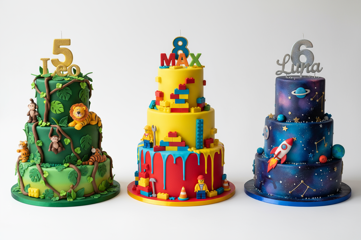 Create a bright, colorful image of three unique birthday cakes side by side, each beautifully decorated for children’s celebrations.

Left birthday cake: Jungle adventure theme — green and brown tiers with vines, leaves, and small jungle animals like lions and monkeys. A large birthday number and name topper on top.

Middle birthday cake: LEGO or construction theme — yellow and red tiers with colorful fondant bricks, dripping icing, and playful cartoon builder figures. Include a birthday name and age topper