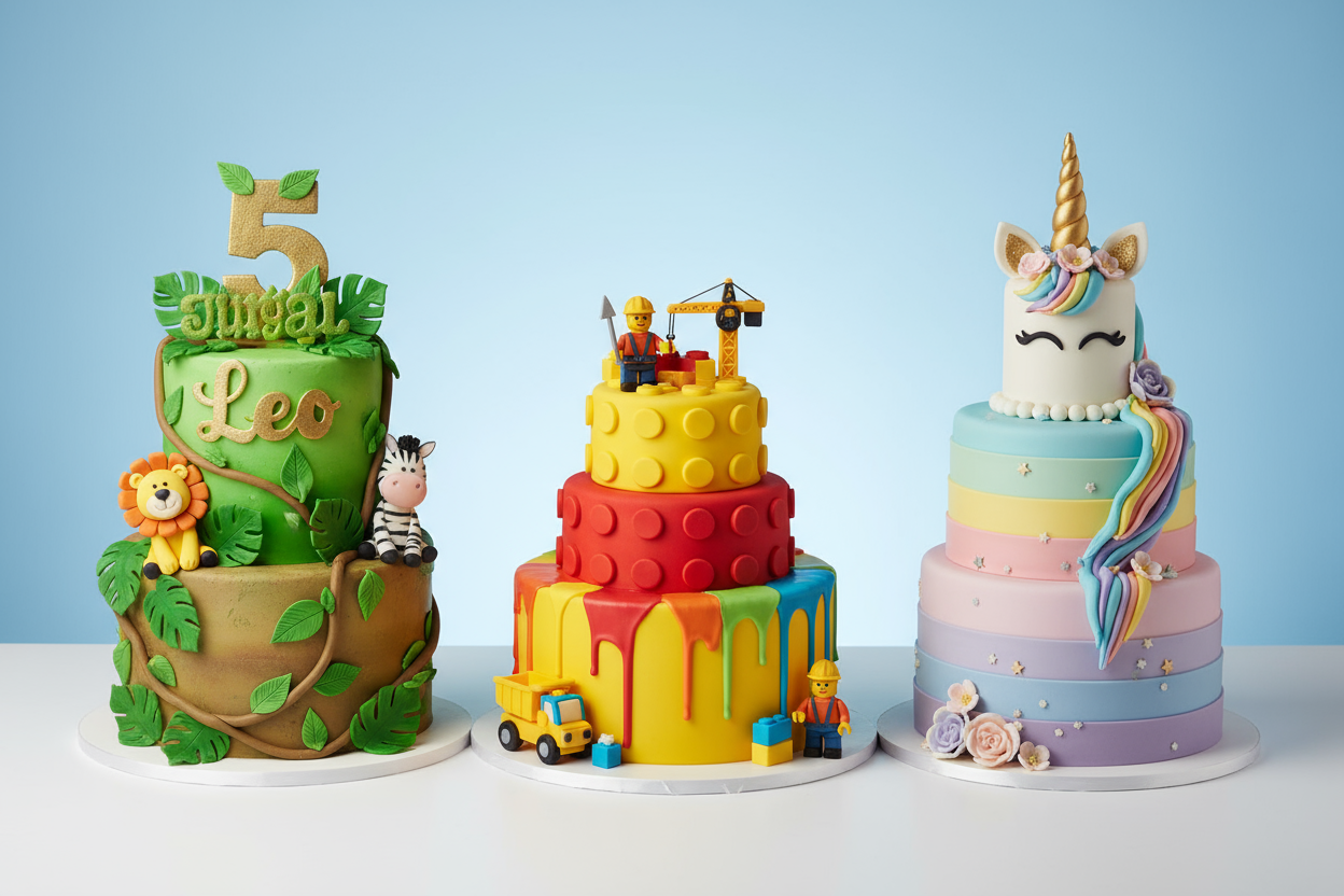Create a bright, colorful image of three unique birthday cakes side by side, each beautifully decorated for children’s celebrations.

Left birthday cake: Jungle adventure theme — green and brown tiers with vines, leaves, and small jungle animals like lions and monkeys. A large birthday number and name topper on top.
Middle birthday cake: LEGO or construction theme — yellow and red tiers with colorful fondant bricks, dripping icing, and playful cartoon builder figures. let the cake be in another way