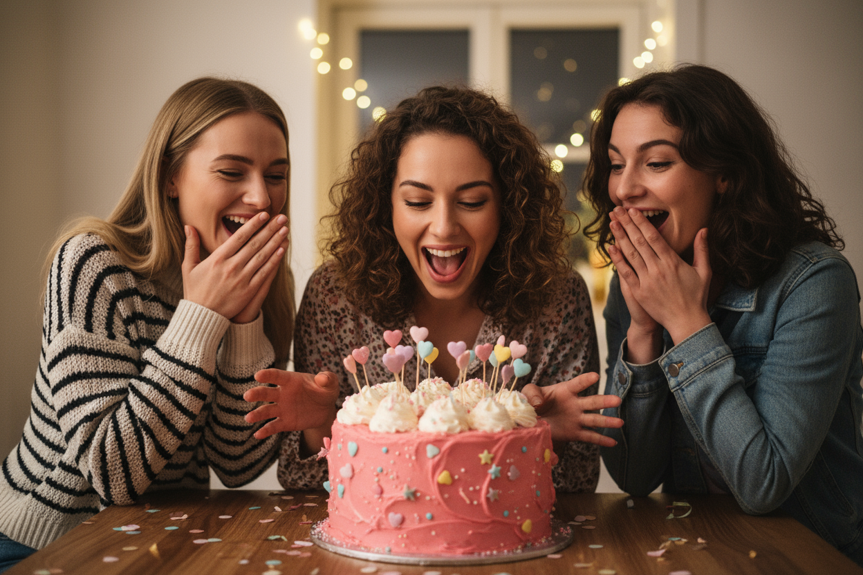 Create a fun and candid photo featuring three young women gathered around a beautifully decorated celebration cake. The cake should be the center focus — pink frosting with piped swirls and cute decorations.
Style & scene details:

The women are laughing and acting playful and excited about the cake

One person should look like they are about to take a bite of the cake in a silly way

The others should be smiling or reacting with surprise

Casual indoor setting with warm lighting

Realistic photography styl
