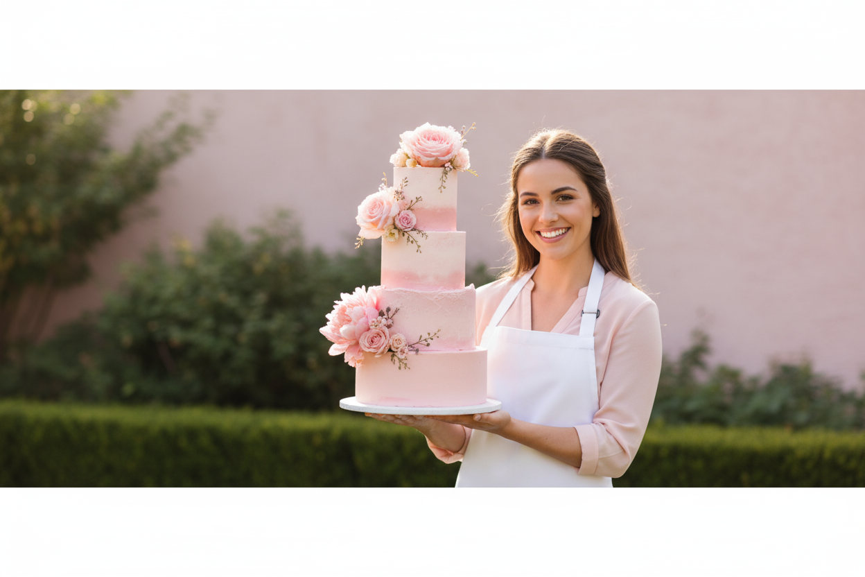 Create a professional bakery hero image featuring a young woman holding a tall pink floral celebration cake with both hands. She is smiling warmly at the camera in a friendly and inviting pose. The background should be an outdoor setting with lush green bushes and a pink wall behind her. Use soft natural light, vibrant colors, and a shallow depth of field so the background is gently blurred. Make the image wide for a website banner, with the subject centered and space available for text overlay.