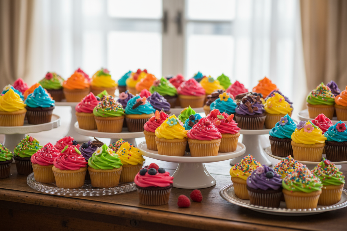 GENERATE ME IMAGE OF PLENTY CUPCAKE ON A TABLE THE CUPCAKE MUST BE VERY CLOURFUL AND  ATTRACTIVE