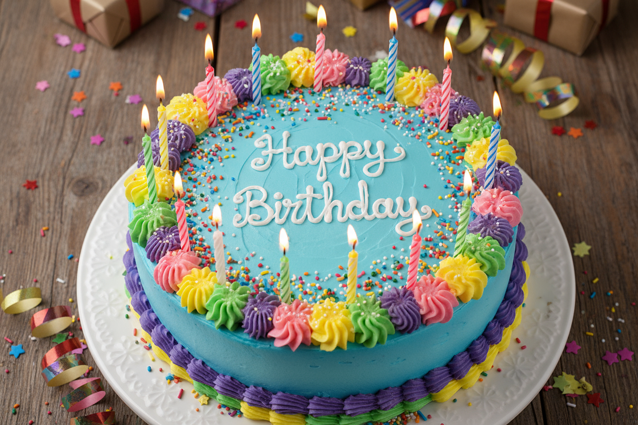 image a beutiful cake birthday cake from up view and write happy birthday on the cake