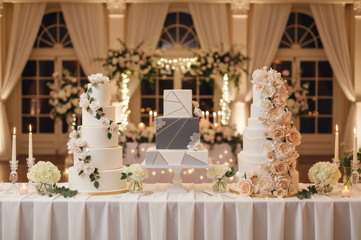 image of 3 wedding cake in atble wirh a beutiful background