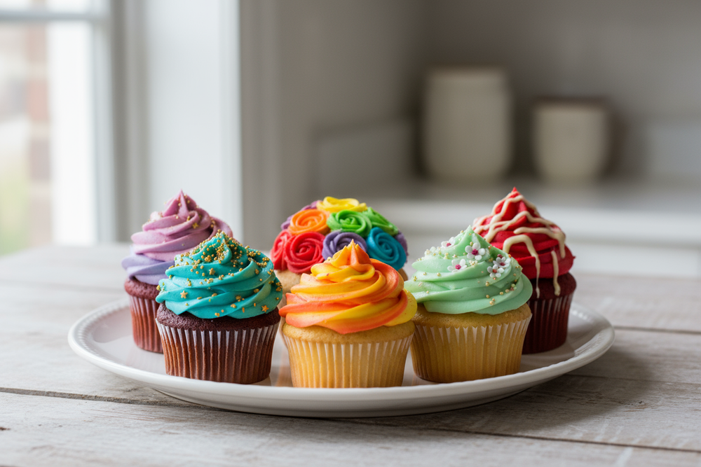 IMAGE OF A CUPCAKES WITH DIFFRENT KIND OF COLOUFUL DESIGN 