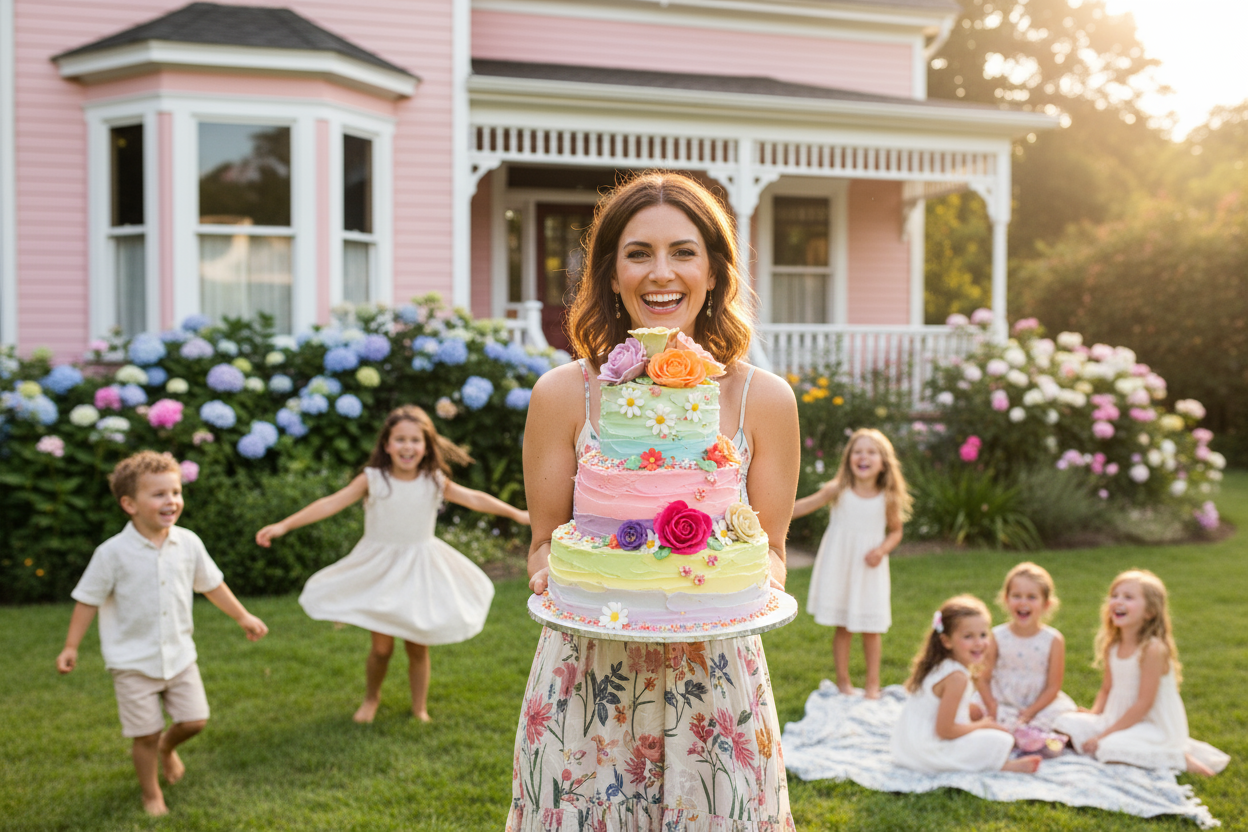 IMAGE OF A WOMAN HOLD BEUTIFUL AND CLOUR FUL CAKE IN FRONT OF A PINK HOUSE WITH LITTLE KIDS PLAYING LET THE BE BEUTIFUL AND CLOUR FUL